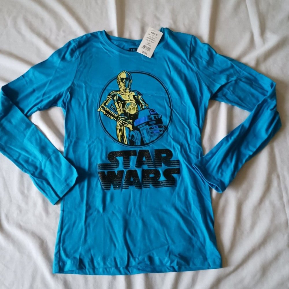 New‎ Girls Shirt Disney Star Wars Long Sleeve Blue C3P0 & R2D2 Top Size 14/16